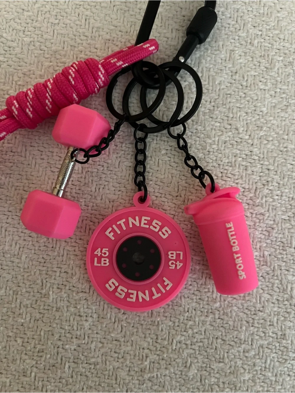 Pink Fitness Keychain Set - Weight Plate, Dumbbell & Shaker Charm